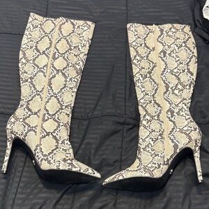 Thalia Sodi Beige Snake-Print Pointed Toe Stiletto Boots